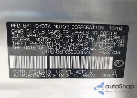 2005 Lexus Ls 430 from USA, damaged, VIN JTHBN36F055000824